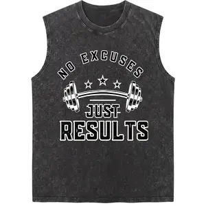 No Excuses Just Results Gym Bodybuilding 100% Premium Cotton Heavyweight Graphic Washed Tank Tops Vintage Casual Crewneck Sleeveless Menswear Streetwear Cotton Tank top Breathable Funny Graphic Men Vacation Outfits Gym Essential
