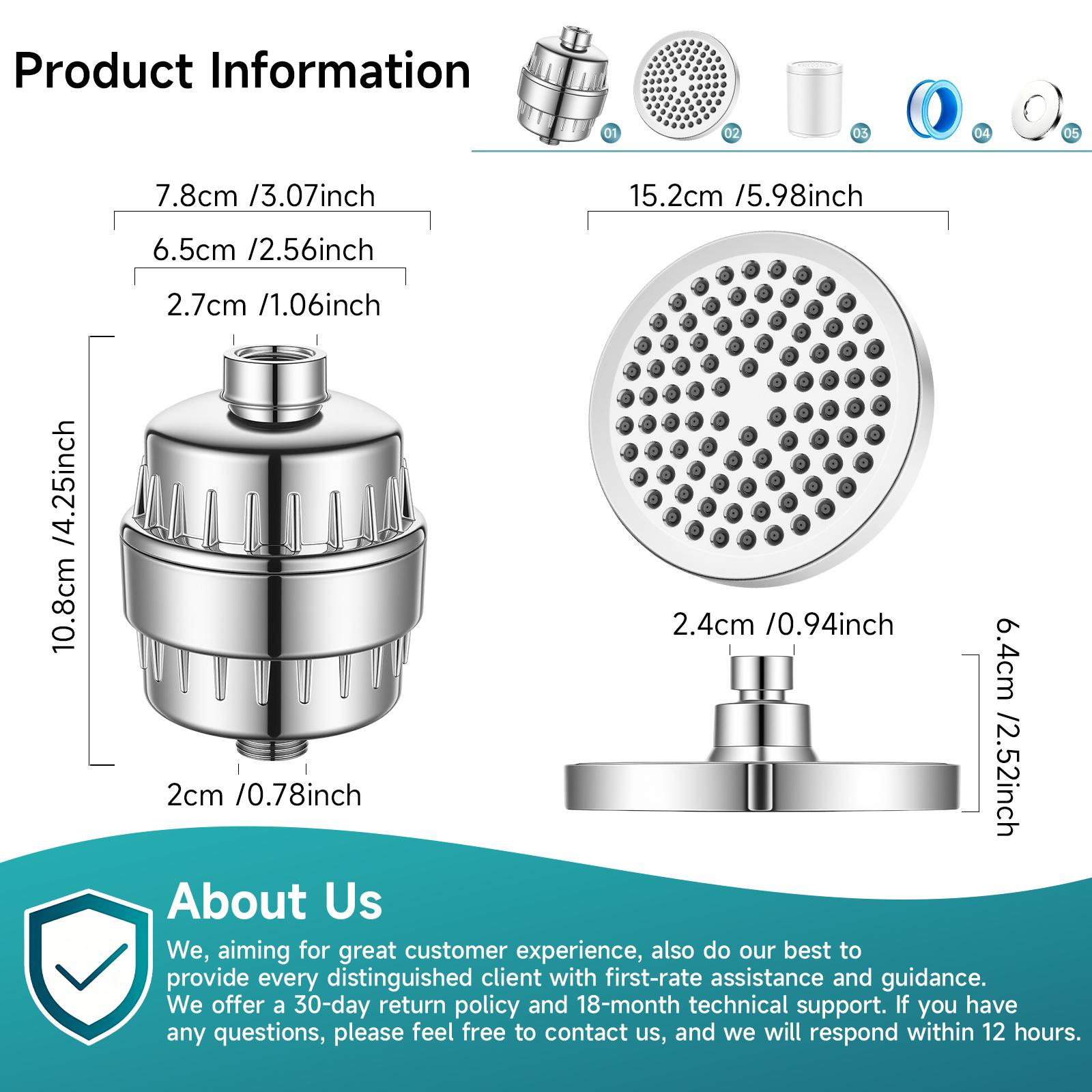Filtered Shower Head Set 20 Stage Shower Filter - Reduces Chlorine And Heavy MetalsHigh Pressure Showerhead Filter With 6" Round, Luxury Polished Chrome
