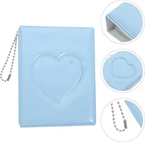 3 Inch Kpop Photocard Holder Book Mini Photo Album with Love Heart Pendant Blue Heart-Shaped Hollow Design 32 Pockets Portable Organizer for Kpop Fans