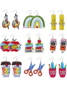 9 pairs of teacher-themed faux leather earring sets, with cute pencil rainbow apple designs, are perfect for graduation gifts when returning to school. They are also suitable for women's daily wear and parties, as well as fashionable jewelry for women.