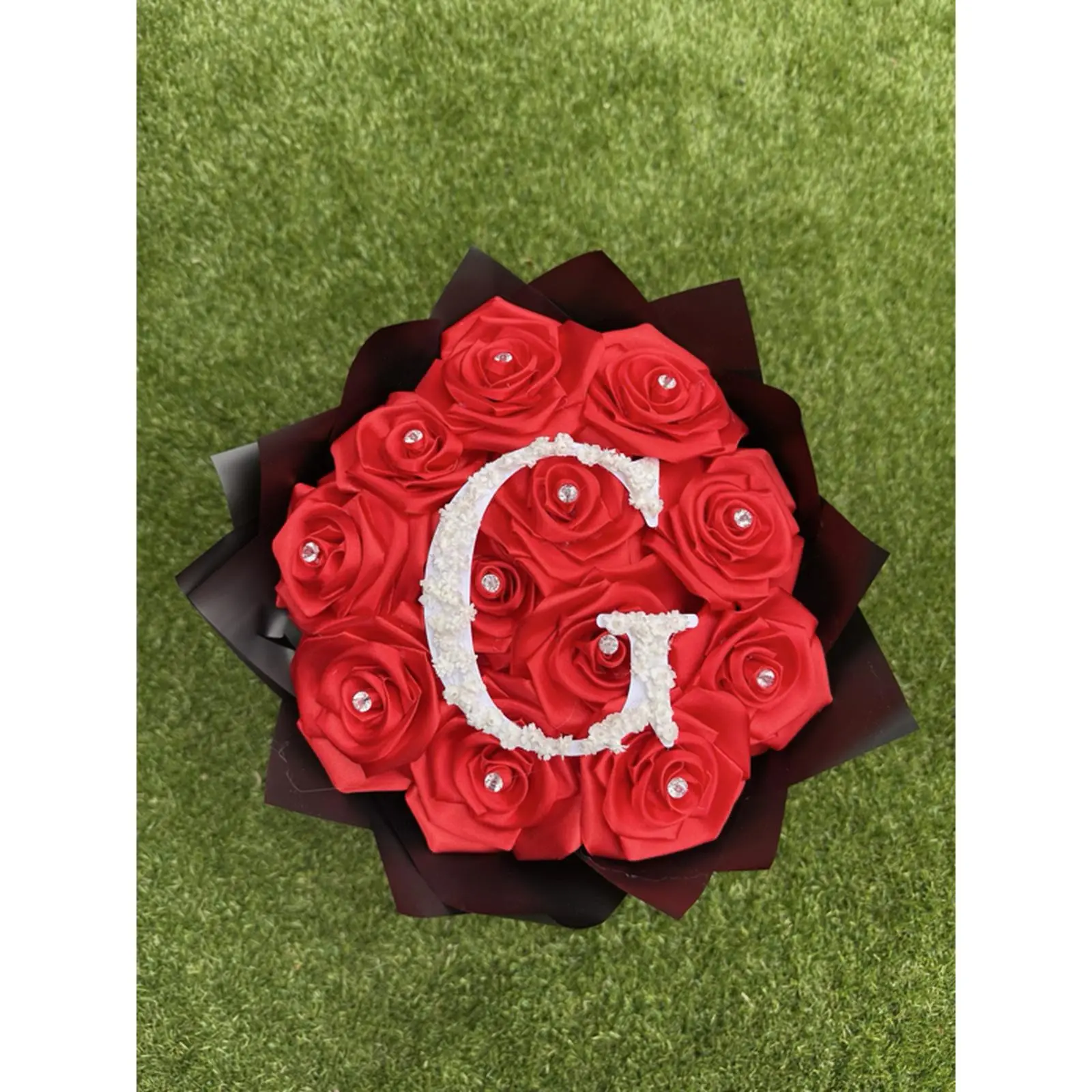 14 Count Red Rose Satin Ribbon Bouquet with Baby's Breath Letter G for Special Occasions