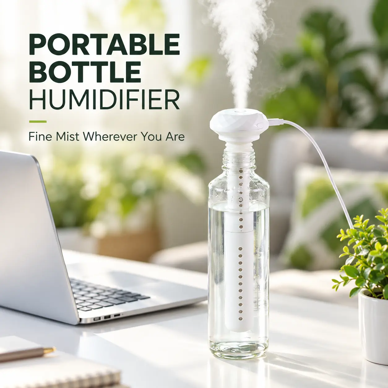 Portable USB Bottle Humidifier, Quiet Ultrasonic Cool Mist Maker with 8-Hour Timer & 2 Interchangeable Stem Lengths, Fits Water Bottles, Cups and Glasses for Bedroom, Office & Travel