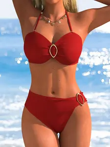 Women's Red High-Waisted Two-Piece Halter Neck Bikini with Gold Hardware Accents Sexy Swimwear for Summer Beach Vacations