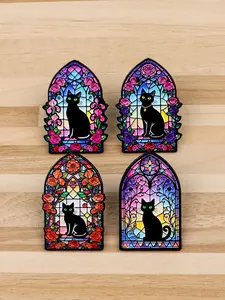 4pcs/set Flower Window Cute Cat Cartoon Animal Badges, Unique Pins Flower Brooch Pin for Men & Women Daily Clothing Decoration, Perfect Gift for Family Friends