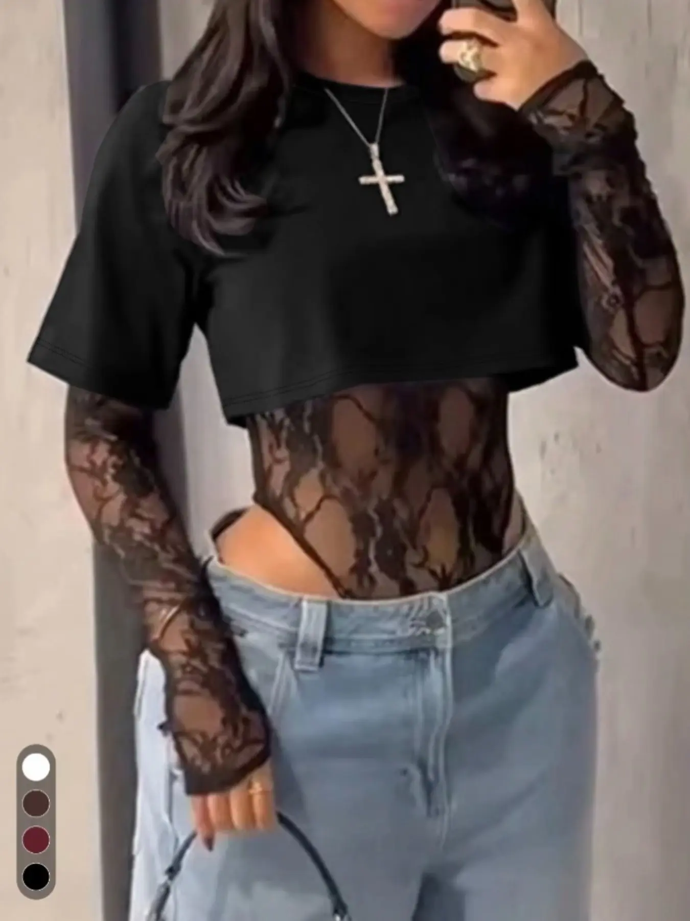 Women's Floral Lace Jumpsuit, Slim Fit Round Neck Long Sleeve, Sexy Patchwork Top, Plain Pattern, Short Sleeve T-Shirt, Bodysuits, Womenswear