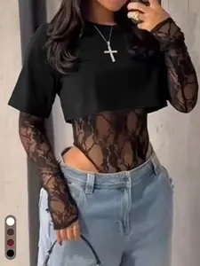 Women's Floral Lace Jumpsuit, Slim Fit Round Neck Long Sleeve, Sexy Patchwork Top, Plain Pattern, Short Sleeve T-Shirt, Bodysuits, Womenswear