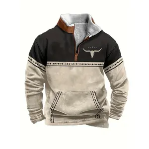 Mens Vintage Western Bull Head Print 1/4 Zip Stand Collar Lightweight Jacket For Daily Outdoor Fitted Long Sleeve Casual Autumn Medium Length