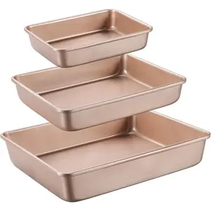 Deep Baking Pans Sets Nonstick,Baking Sheets for Oven,Bakeware Rectangular Cake Pan Set,3 Piece,Gold