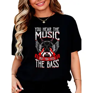 100% Cotton Hear the Music Feel the Bass Player Bassist Guitarist Gift T-Shirt