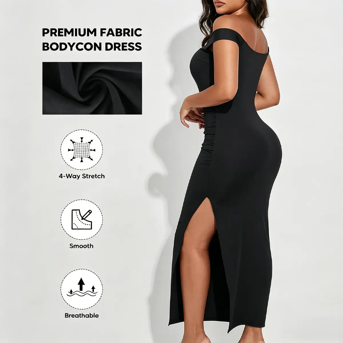 Suprenx Women's Ruched Bodycon Dress - Convertible Off-Shoulder Midi Style with Side Slit, 4-Way Stretch Soft Fabric for Parties, Flattering Fit, Stylish 1-Piece Design, Lady