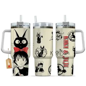 Kiki & Jiji Ghibli Tumbler Anime Fan Bow Cup, Soda Lover Insulated Travel Mug Gift For Her