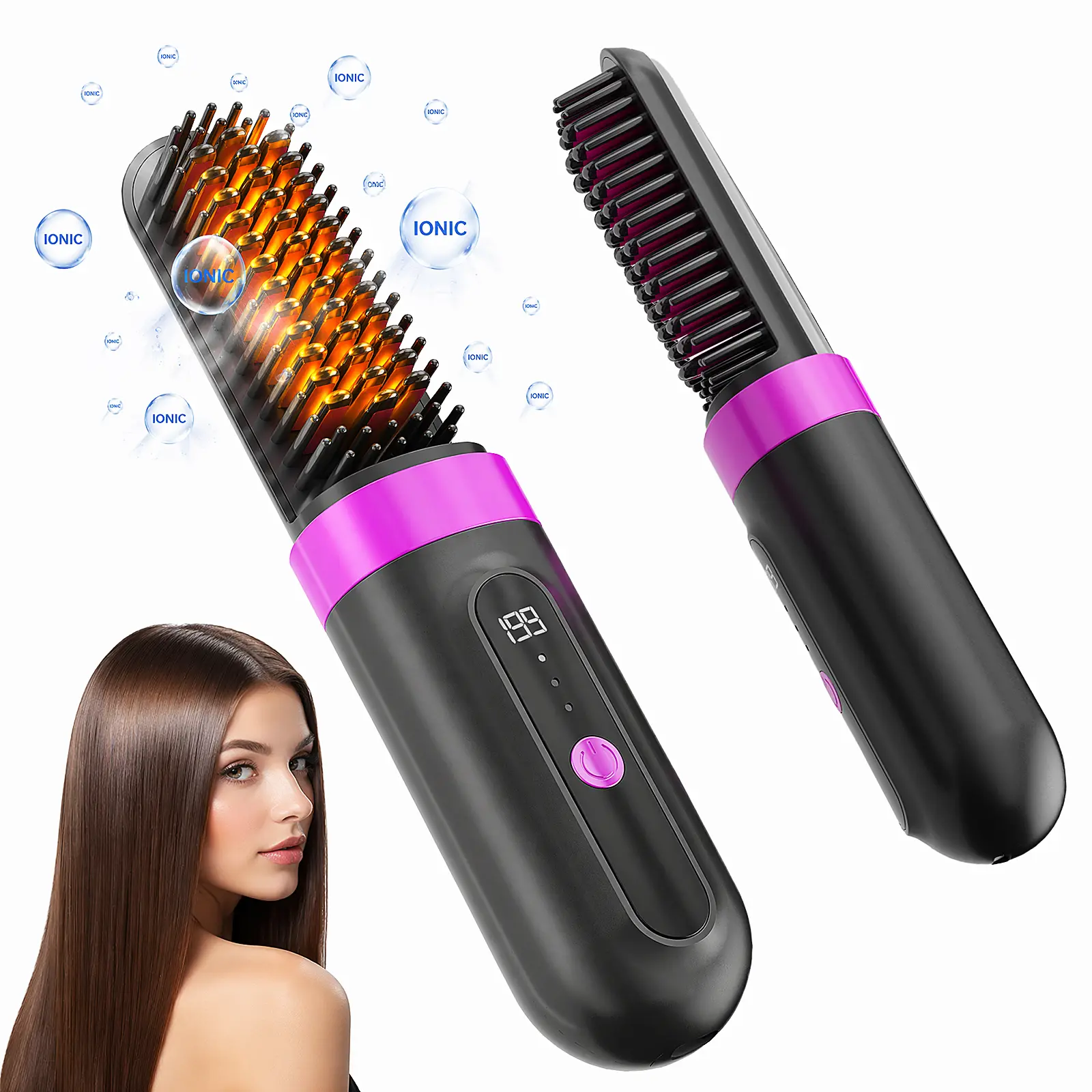 Cordless Hot Brush, Wireless Straightener for Straight to Wavy Hair, 2 in 1 Straightening & Curling Brush, , Safe Mode, Ceramic Coating