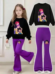 Kpop Demon Hunters Girls' Two-Piece Set, Huntrx Theme Print Hoodie & Bell-Bottom Pants, Casual Loose-Fitting, Grunge Girl Outfits, Birthday Gift