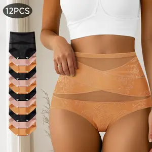 12-Pack Women's Breathable High-Waisted Briefs with Mesh Panels, Crossover Bandage Briefs, Suitable for Women's Underwear or Everyday Wear - Great for Postpartum and Body Shaping Support  ,Women's Briefs 1358