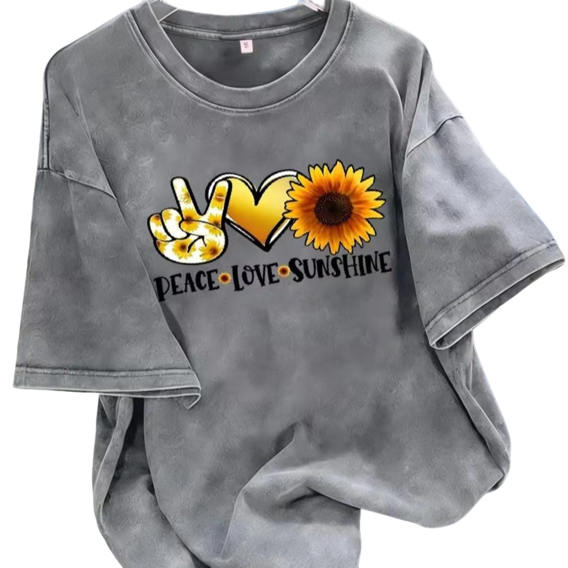 Women's Casual Retro Outfit - Peace Love Sunshine Sunflower Print Washed Cotton Tee , Breathable Fabric for Summer
