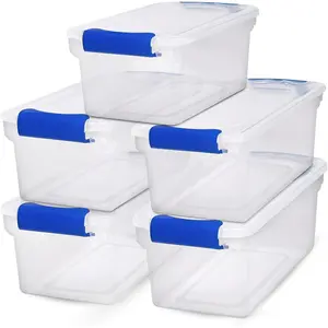 5-Pack Latching Lid, Clear Plastic Storage  Bins, 7.5 Quart, Blue Latch - Stackable Organizing Containers for Home, Garage, and Office Boxes Red door organizer