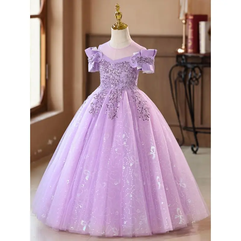 Girls' Princess Aesthetic Crew Neck Fluffy Sheer Gauze Dress - 12 and Under, for Special Events, Do Not Dry Clean