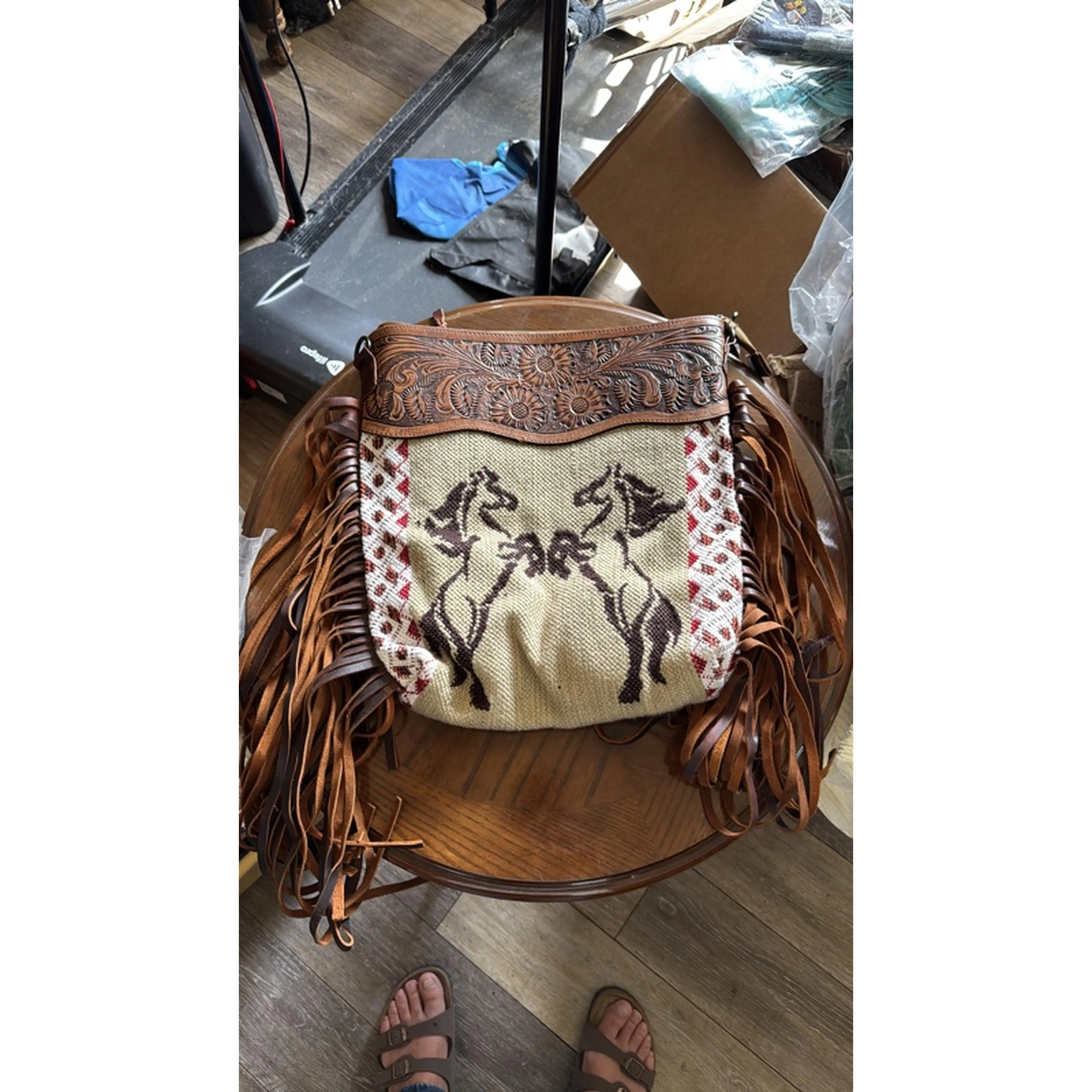 Western Style Horse Design Fringe Shoulder Bag with Intricate Embroidery and Leather Accents