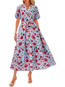 BTFBM Women Summer Floral Maxi Dresses Casual Boho Puff Short Sleeve V Neck Button Belt Flowy Long Beach Vacation Dress