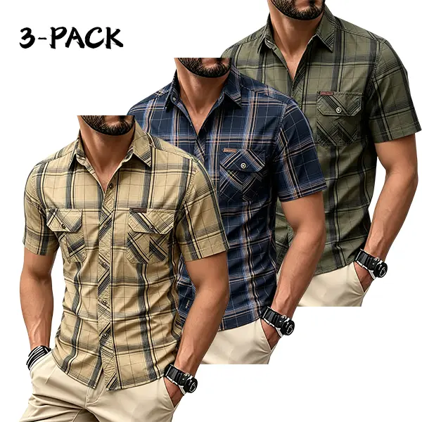 3-pack men’s summer plaid short-sleeve shirts, three-color set with multiple pockets—casual tops suitable for office commuting, outdoor leisure, and everyday outings
