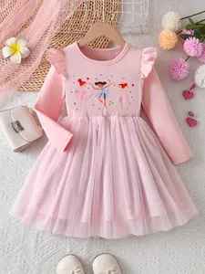 Girls' Ballet Dance Dress Long Sleeve Round Neck Mesh Skirt Casual Princess Dress, Girls' Fashionable Ballerina Spring Dresses