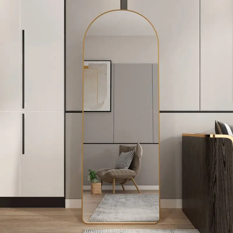 High end and high-quality,Full body mirror, floor mirror,The 3rd generation aluminum alloy metal frame arched floor mounted wall mirror, upgraded in quality, bathroom makeup mirror, bedroom entrance, clothing store, gold 65 "* 23 " Decor Light