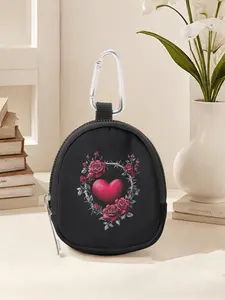 Heart Pattern Mini Wallet, Lightweight Zipper Coin Purse with Hook Clip, Earphone Key Bag, Unisex Casual Style, Gender Neutral, All Seasons