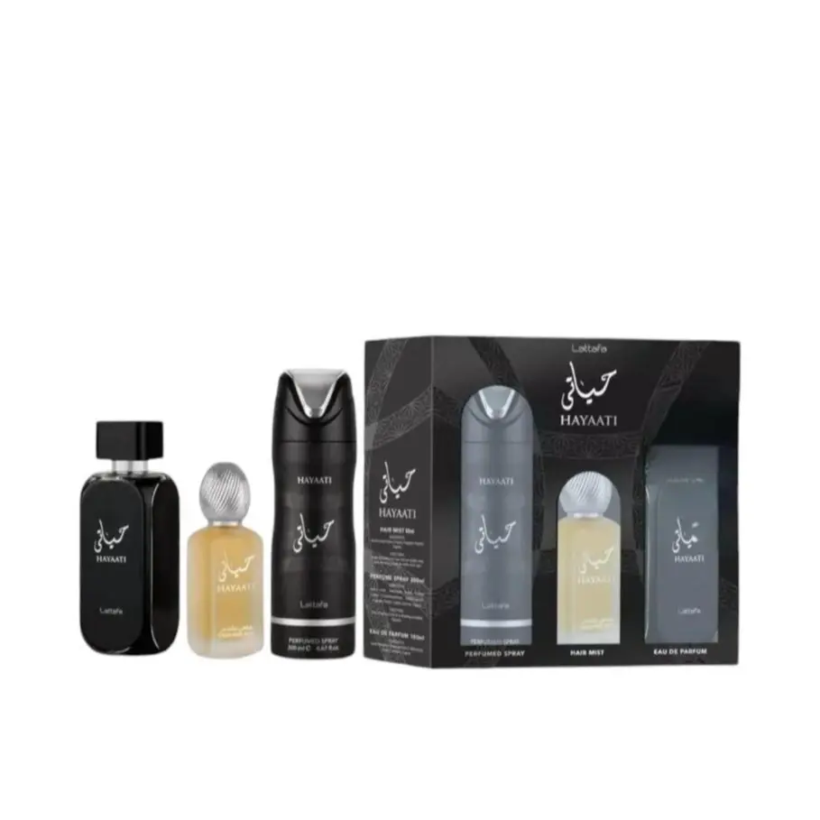 Lattafa Hayaati EDP Fragrance Multi-Pack Gift Set (3-Pc) - 3.4 oz (100ml) Perfume, 1.7 oz Hair Mist, 200ml Body Spray - Wood & Cinnamon Wood Notes