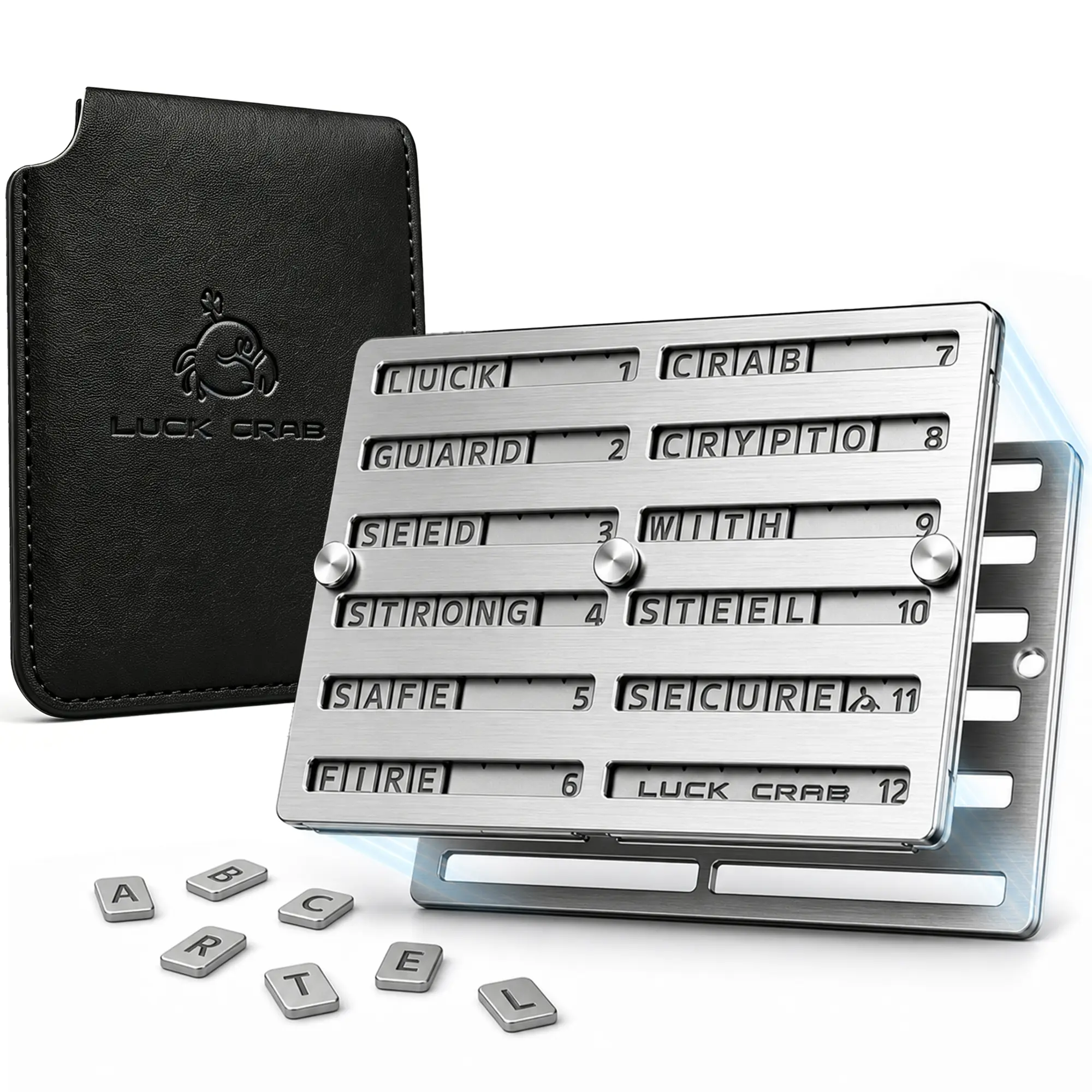 Crypto Seed Phrase Storage Metal Backup, 8-Letter Full Word BIP39 Compatible, Fireproof Waterproof Recovery Phrase Storage with 480 Metal Letter Tiles, Magnetic Assisted for Bitcoin Wallet