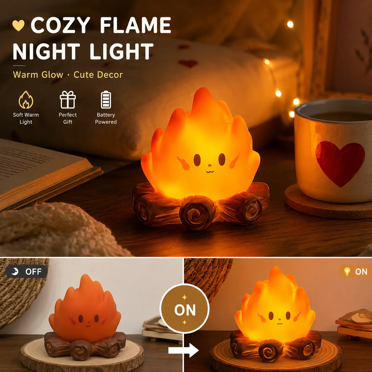 Cute Campfire Night Light, Flame-Style Light, Soft Warm Glow, Portable Bedside Lamp for Bedroom Desks, Cozy Home Decor, Perfect for Halloween and Christmas Decorations