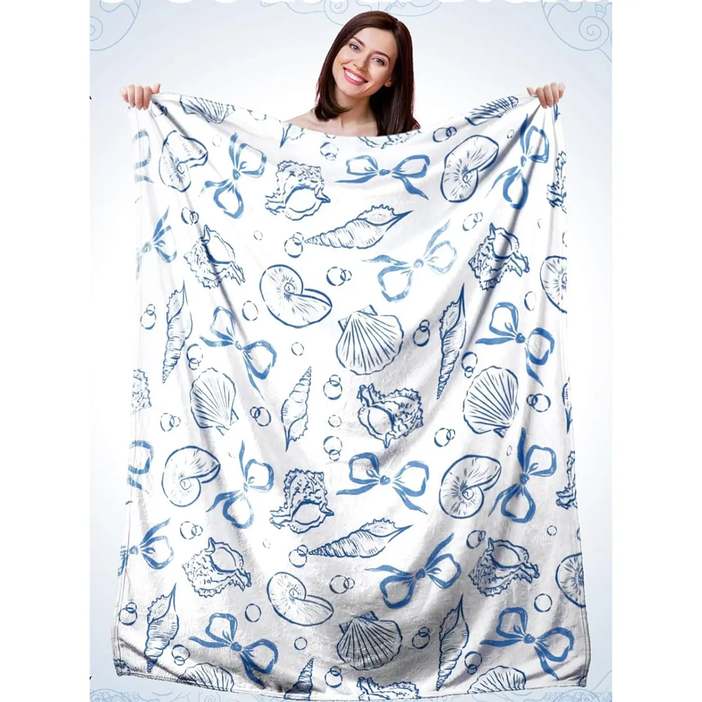1pc Seashell Bow Blanket, Summer Blue Coast Style Flannel Soft Throw Blanket, Decorative Blanket, Ocean Theme Room Decor, Beach Theme, Lightweight and Warm, Gift Suitable for Bed, Sofa, Room, Dormitory, Car, Office, Birthday, Travel, Preppy Style Blanket