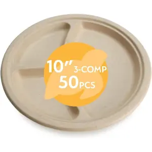 100% Compostable Disposable Paper Plates Bulk [10" 3-Comp 50 Pack], Bamboo Plates, Eco Friendly, Biodegradable, Sturdy Large Dinner Party Plates, Heavy-Duty, Unbleached by Earth's Natural Alternative