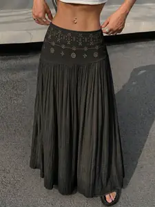 Textured Embroidery Hollow-out High-waisted Long Midi Skirt — Boho style trending in 2026, crafted with soft fabric, perfect for vacation and daily wear Versatile Apricot Embroidered Long Skirt — Ideal choice for casual and date outfits, wrinkle-resistant