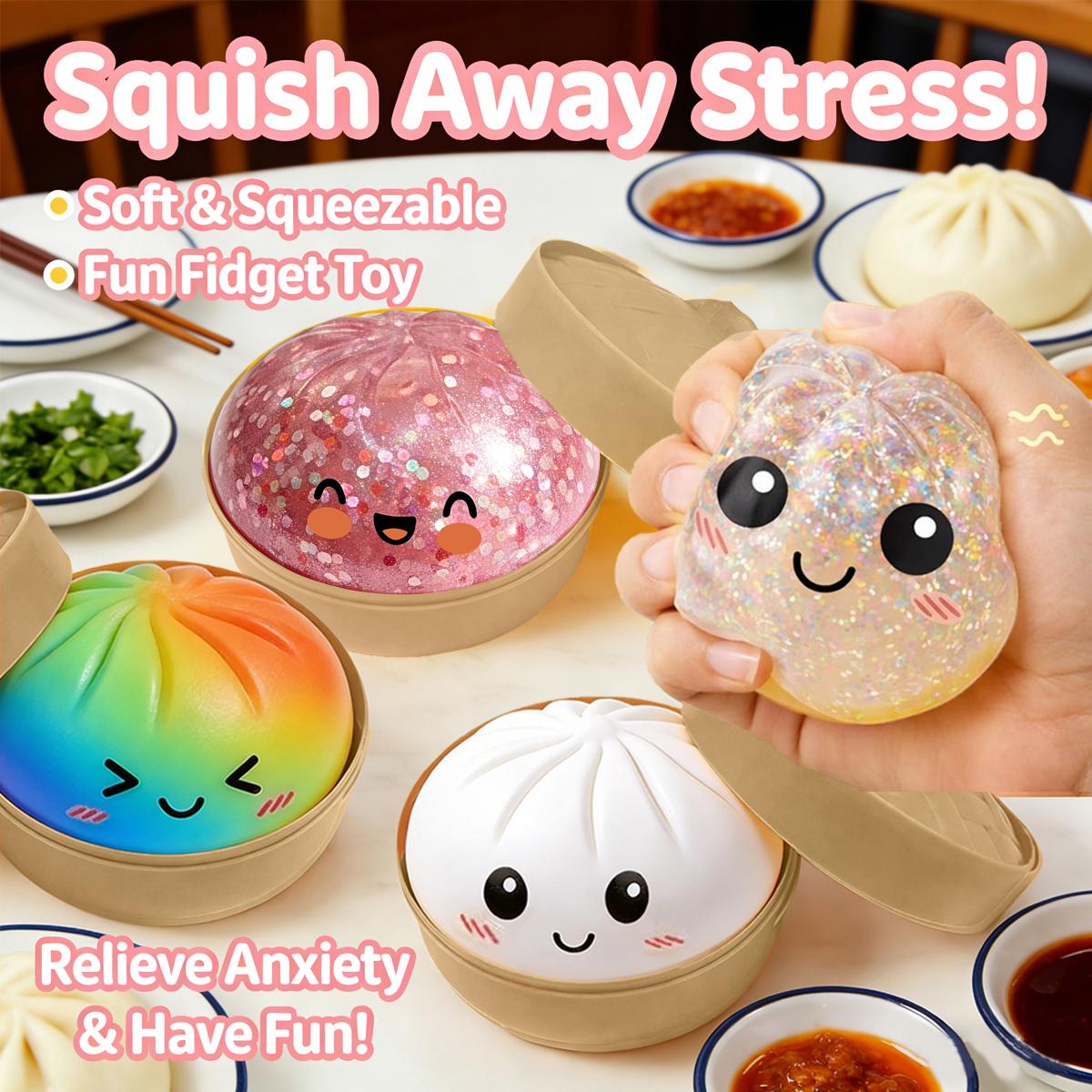 Glitter Dumpling Squishy with Steamer Box, Soft Sensory Squeeze Toy for Stress Relief, Mystery Glitter Dumplings, Decompression Dough