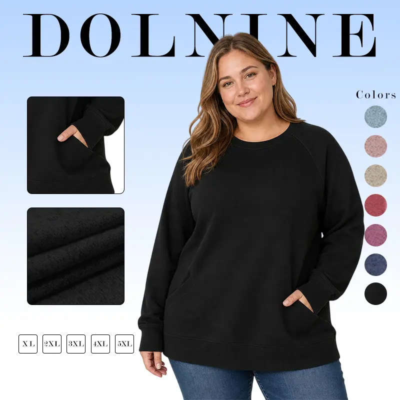 DOLNINE XL-5XL Plus Size Women Early Fall Solid Black Sweatshirts Slimming Raglan Long Sleeve Tunic Tops with Pockets Tummy Hiding DPS1011