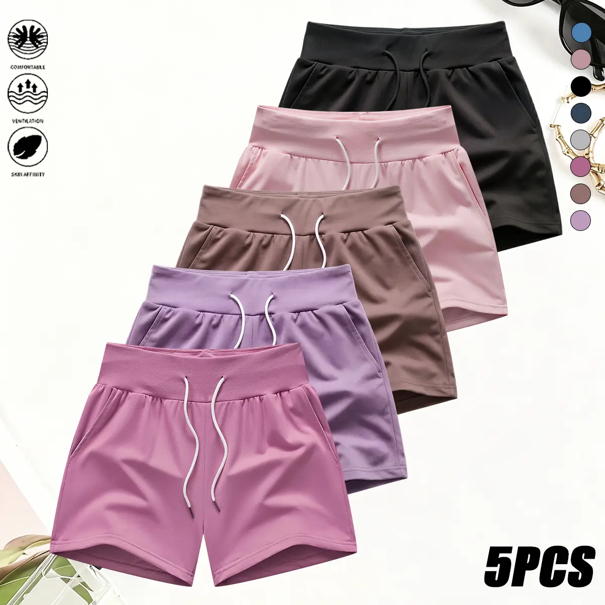 Pack of 5 women’s solid-color casual shorts, drawstring elastic-waist running/fitness shorts, women’s athletic shorts suitable for outdoor activities and home use.