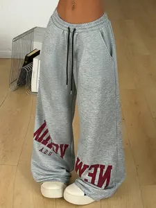 Women's Casual Fleece-Lined Jogger Pants, Y2K Street Style, New York Letter Print, Comfortable Soft Fabric, Fall Winter Wear
