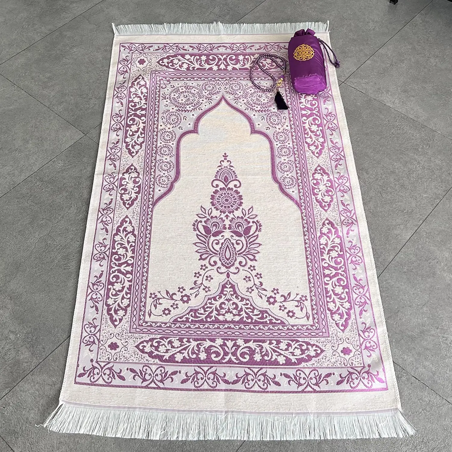 Prayer Rug - Muslim Prayer Rug - Prayer Mat Travel Bag and Prayer Beads - Muslim Gifts for Men Women and (Plum)