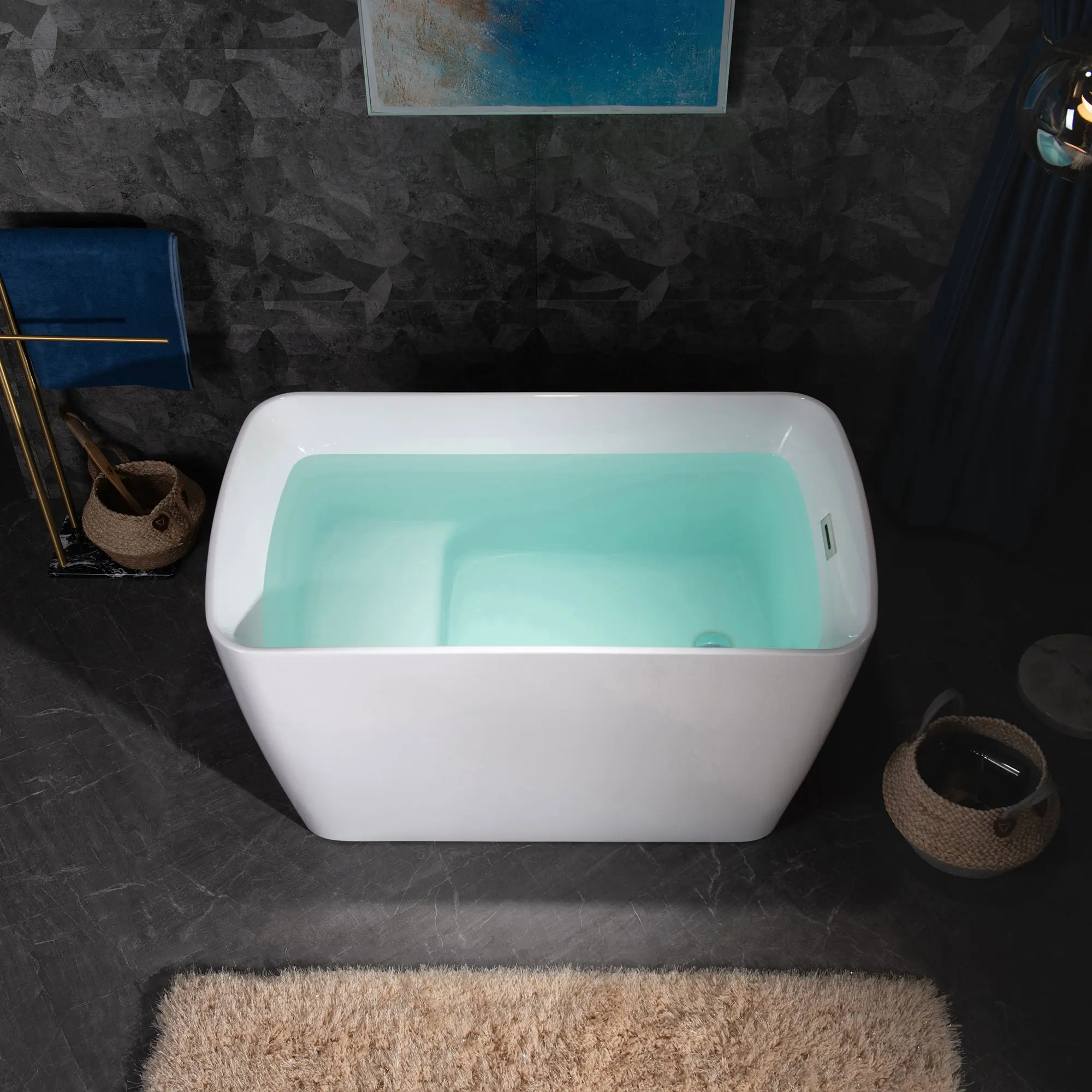 WOODBRIDGE 48" Acrylic Freestanding Square Contemporary Soaking Tub with Pre-molded Seat and Brushed Gold Pop-Up Drain and Overflow Option, White, B0070
