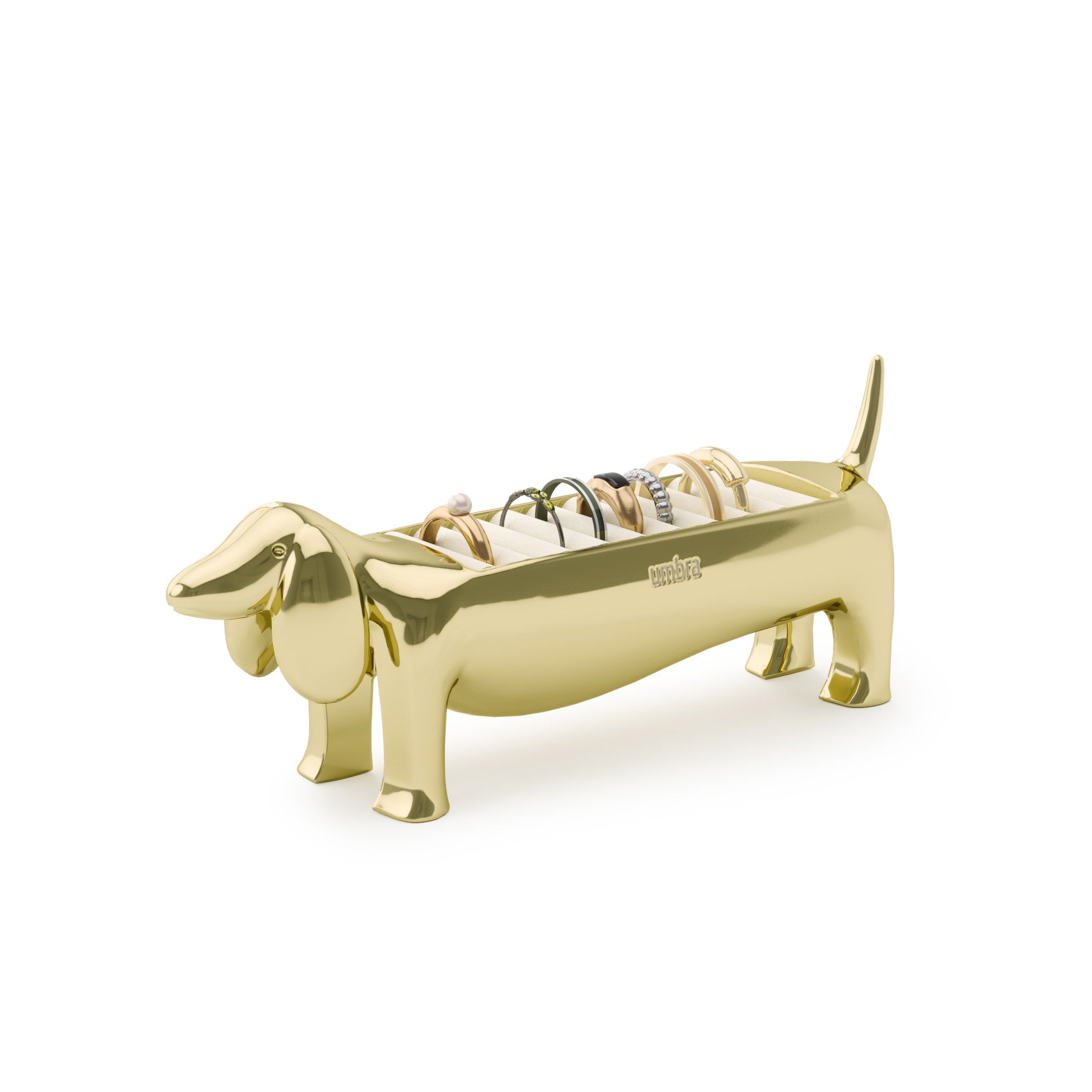 Umbra Dachsie Ring Holder - Holds Up to 10 Rings, Polished Metallic Finish, Velvet Padded Base, Jewelry Storage Organize