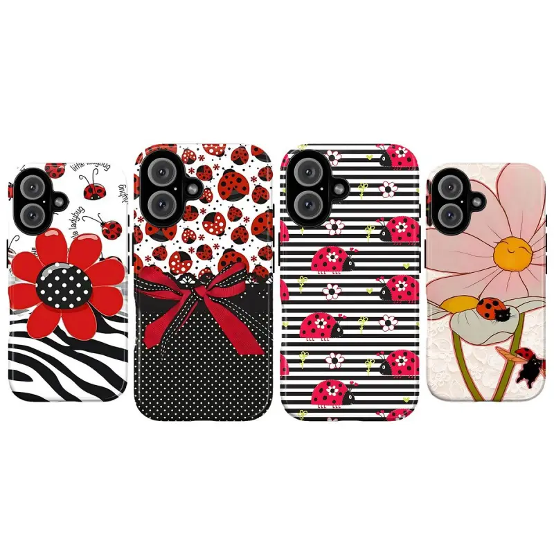 Protective Durable Ladybug Flower Smartphone Casing - Cute Floral Aesthetic, Red Ladybird Polka Dot-Stripe Design, Vintage Garden Cottagecore Kawaii Cartoon Bug Art Cellphone Device Accessory for iPhone 7,8,X,XS,11,12,13,14,15,16,17, Perfect Gift for Her