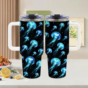 Jellyfish， 40oz tumbler with handle， Summer Ice Stainless Steel Vacuum Insulated Travel Mug， Ocean Blue design， Jellyfish Lover Gift， for beach and travel， Water Bottle， Tumbler Gift for Women and Men， iced coffee cup， Vacuum Insulated Travel Mug
