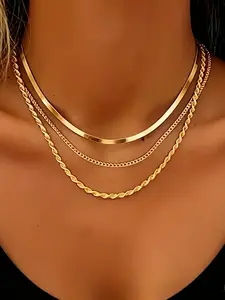 3 pcs Layered Chain Necklace  | Quiet Luxury & Minimalist ，Old Money & Understated Aesthetic | Gold/Silver Tone Herringbone, Curb & Rope Chains, Adjustable Fit，Tarnish Resistant、Hypoallergenic | Ideal for Women and man, Daily Wear & Elegant Occasions