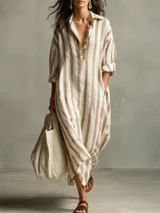 Women’s summer fashion loose V-neck long shirt dress, striped print turn-down collar maxi dress