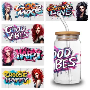 5 Sheets Good Vibes UV DTF Stickers Vinyl Themed Transfer Paper, 16OZ Glass Jar Decals, UV DTF Self-Adhesive, Decorative Packaging for Cups & Bottles
