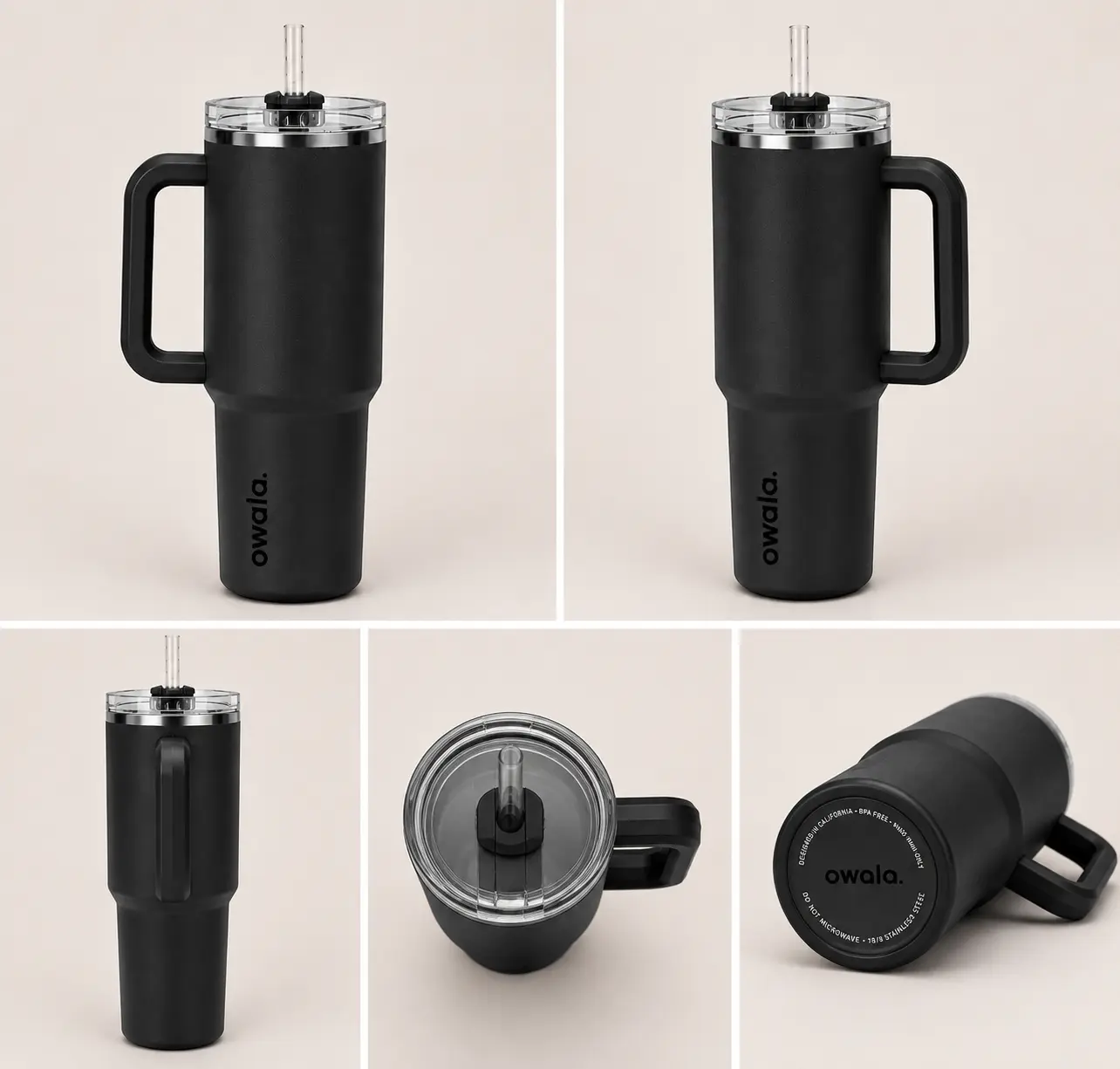 Owala 40oz Black Tumbler, Sleek All-Black Minimalist Design with Handle & Straw
