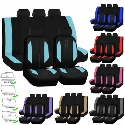 Cloth 9PCS Universal Fit Car Seat Cover Full Set Front Rear Seat Cushion - Breathable with 5mm Composite Sponge Inside, 3 Zipper Bench Back Seat, Two Color Splicing Process Design