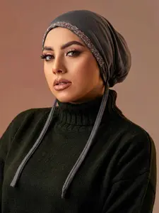 Women's Fashion Solid Color Rhinestone Muslim Tie Bonnet, Turban Hijab, Stylish & Versatile Scarf Headscarf, Perfect for Daily Use