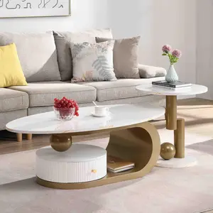 Oval Nesting Coffee Table Set of 2 Faux Marble Golden Round End Table Modern Living Room Table Large 47Inch Coffee Table with Storage Drawer, White+Gold