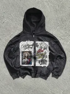 Men's Hooded Zipper Sweatshirt, Fall & Winter Casual Loose-Fit Cotton Pullover, Vintage Jesus Graphic Design, Ideal Gift for Holidays, Aesthetic